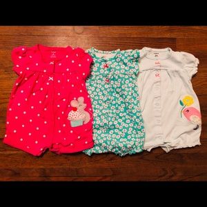3 baby rompers in colorful colors